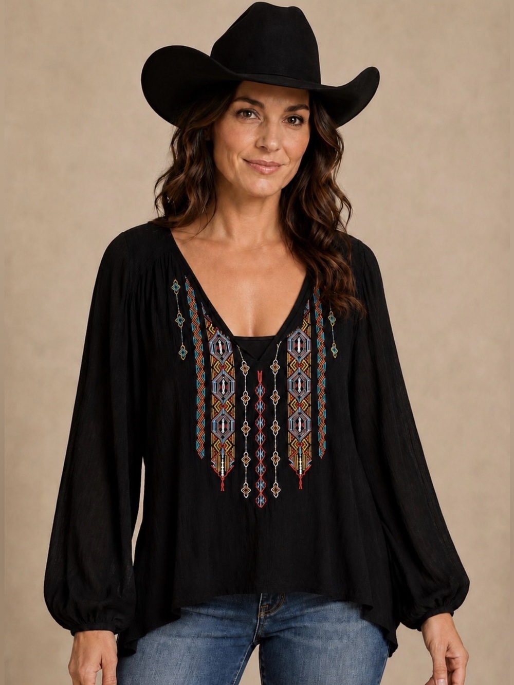 Rock and Roll Cowgirl Embroidered Gauze Balloon Sleeve Top